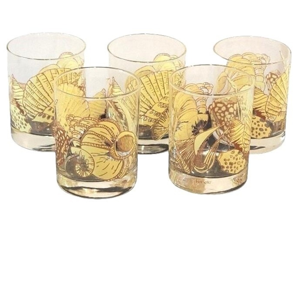 Vintage Georges Briard Seashell Lowball Rocks Glasses MCM Set of 5 Yellow Brown
